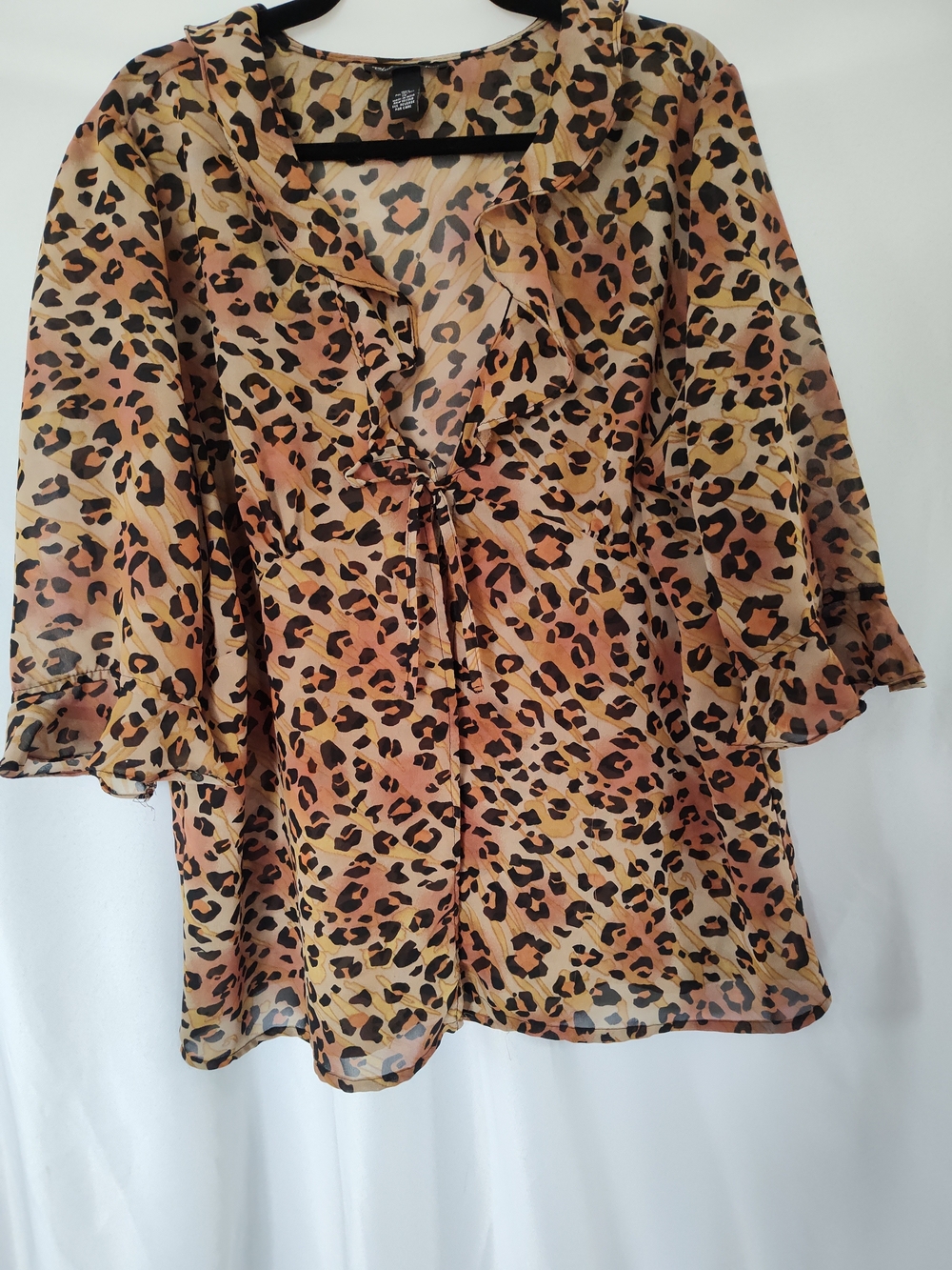 Leopard-Print Sheer Tie-Front Blouse in Beige/Black 1X